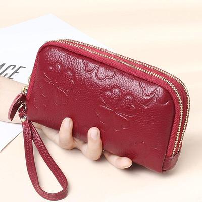 Fashion Floral Embossed Women Wallet Genuine Leather Double Zipper Mobile Phone Bag Cowhide Ladies Clutch Bags