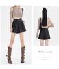 2024 Autumn/Winter Women's High Waist V-Shape PU Leather A-Line Shorts - Korean Style Casual Slimming Wide-Leg Booty Shorts