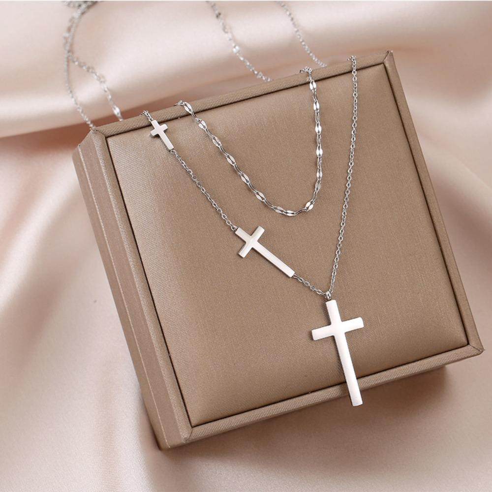Simple Trendy Smooth Surface Metal Stainless Steel Cross Pendant Double Layer Necklace for Women Collar Chain Jewelry Accessory