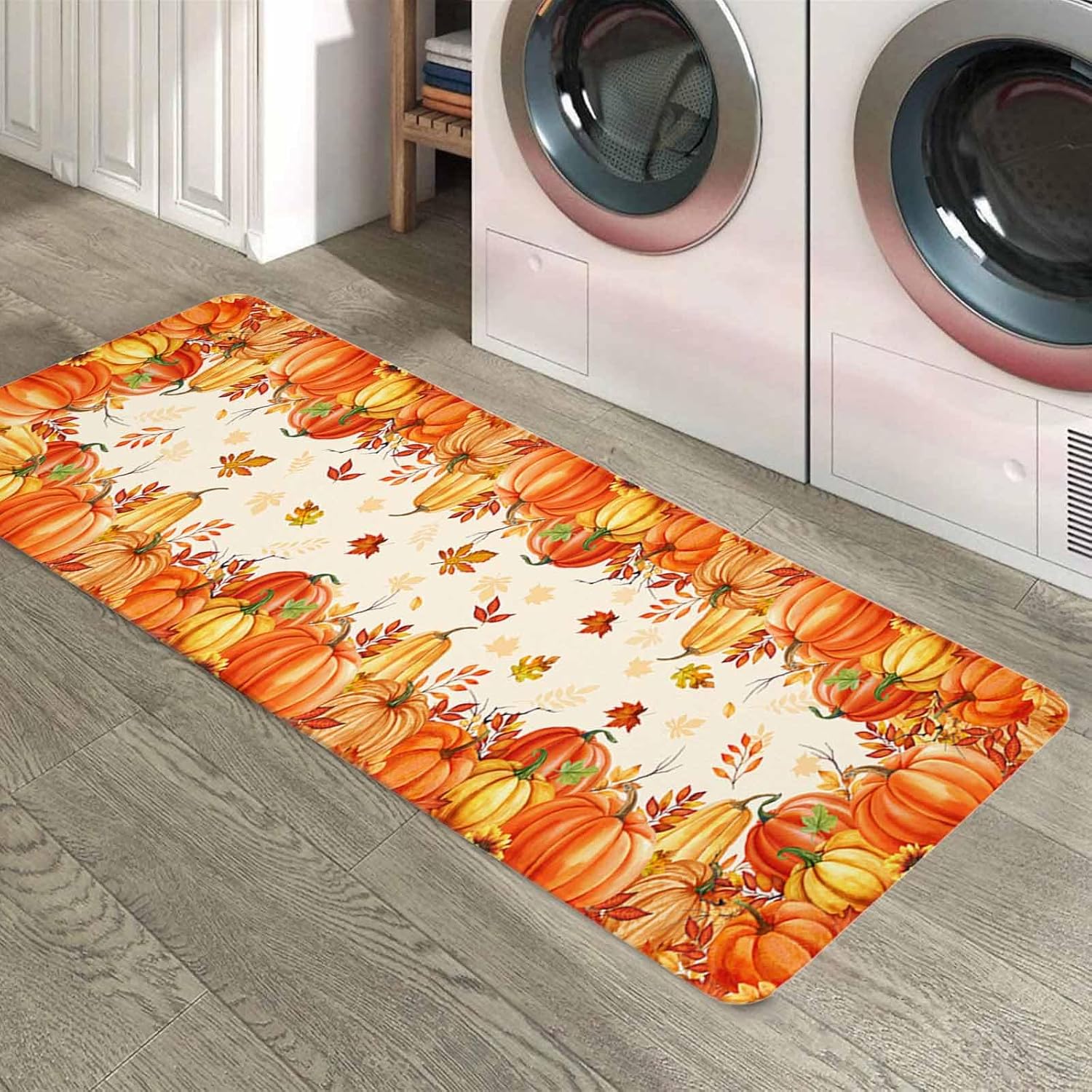 

Fall Harvest Pumpkins Maple Leaves Non-Slip Kitchen Mat Home Decor Rug for Bedroom Bathroom Corridor Balcony 40x60cm 16x24inch