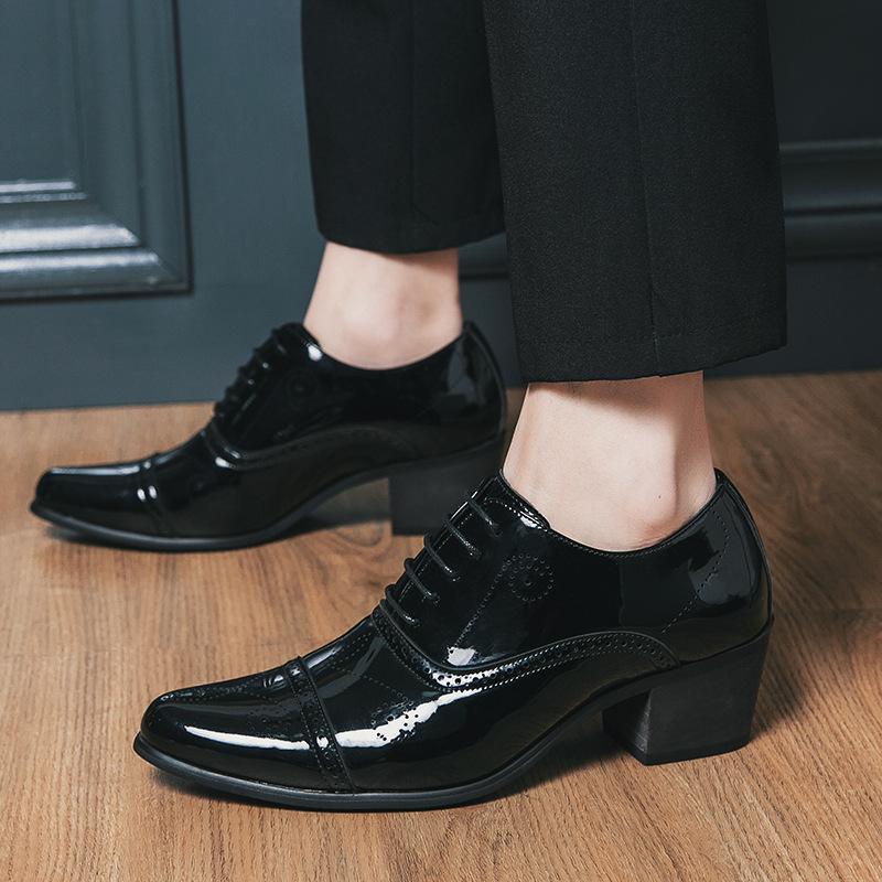 Pointed leather shoes men's spring and summer white business dress lace-up leather shoes British fashion high-heeled genuine leather men's shoes