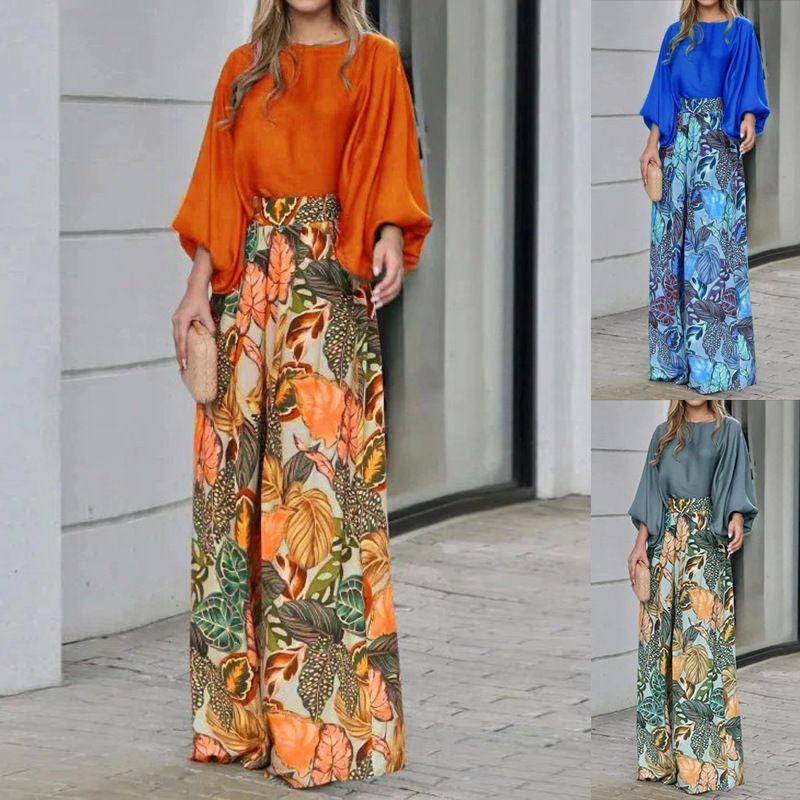 

Lantern Sleeve Loose Tops Print Loose Pants Suit Loose Top Printed Pants Set Gray XXL