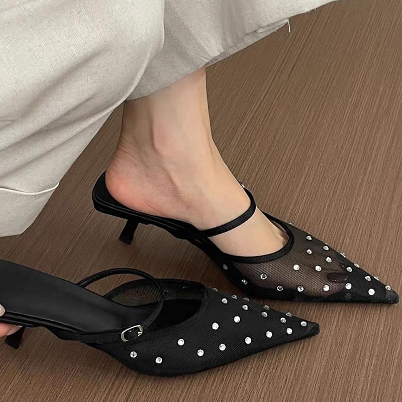 

Women s Slippers Crystal Mesh Pointed Toe Rhinestone High Heels Mules Sandals Buckle Strap Sexy Stilettos Slides Women Slippers 35 бежевий
