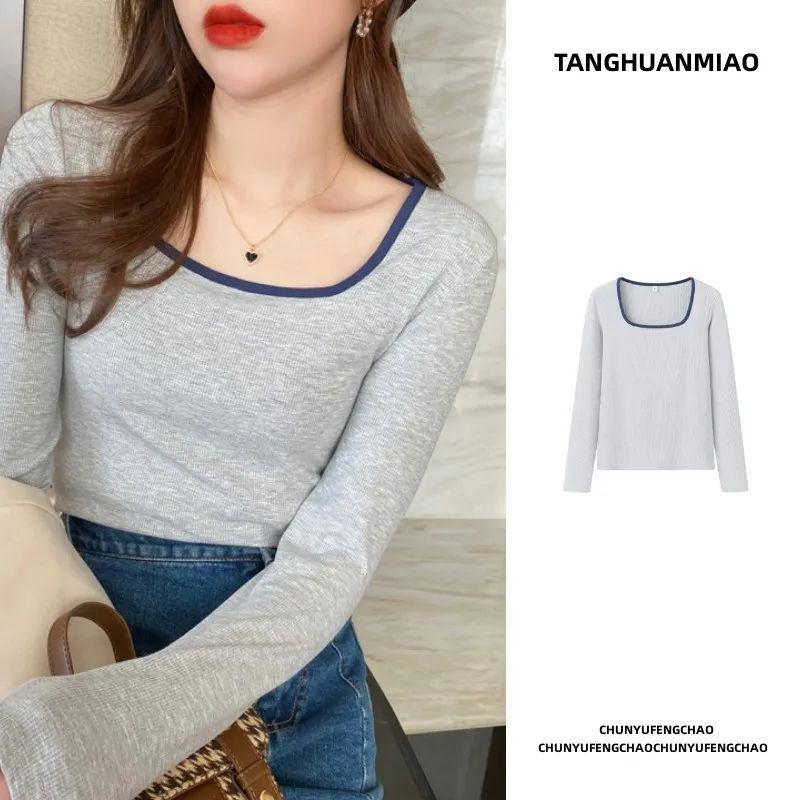 

Women s Slimming Square Neck Long Sleeve T-Shirt - 2025 Spring Korean Style M (40-50 kg) сірий колір