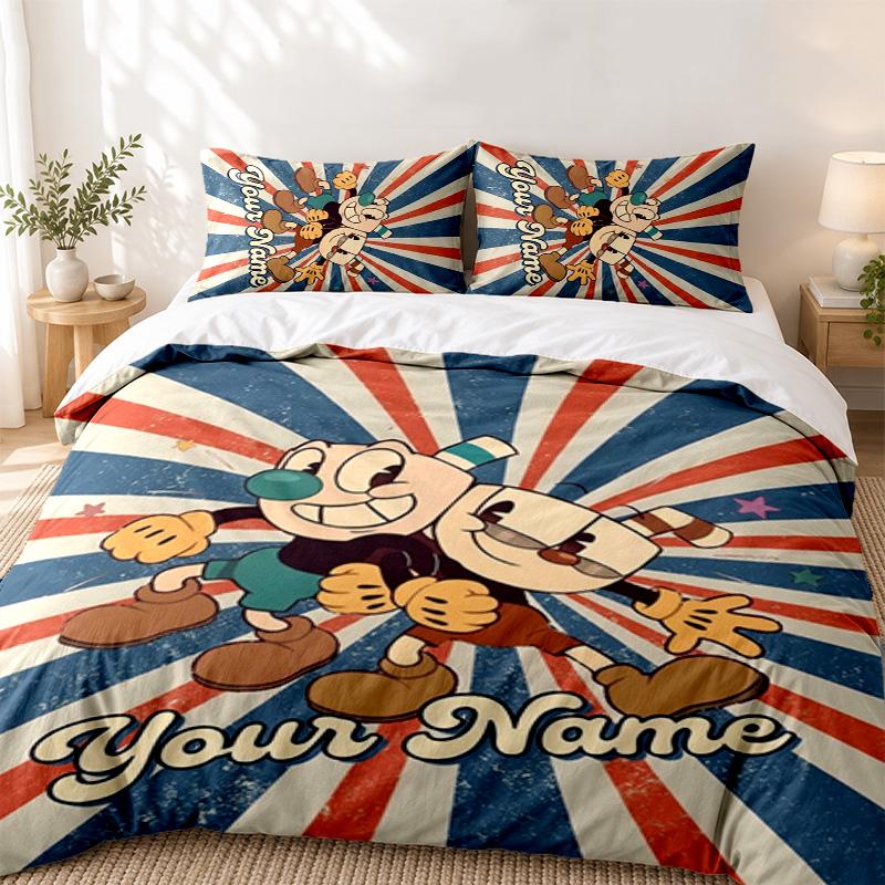 Cuphead Custom Name 3pc set Perfect for bedroom use Comfortable bedding set includes a duvet cover and two pillowcases Ideal birthday or Christmas gif