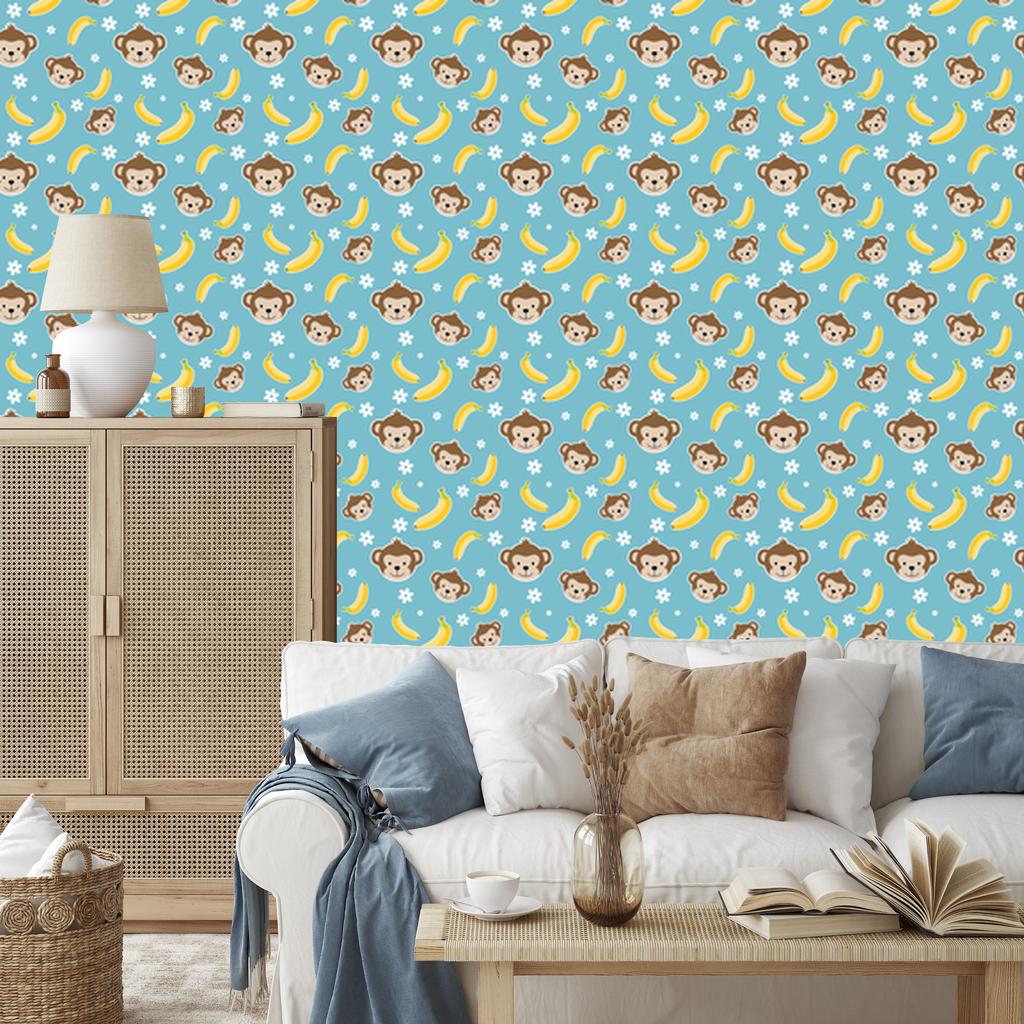 Monkey Wallpaper Turquoise and Beige for Living Room and Bedroom 50x1000