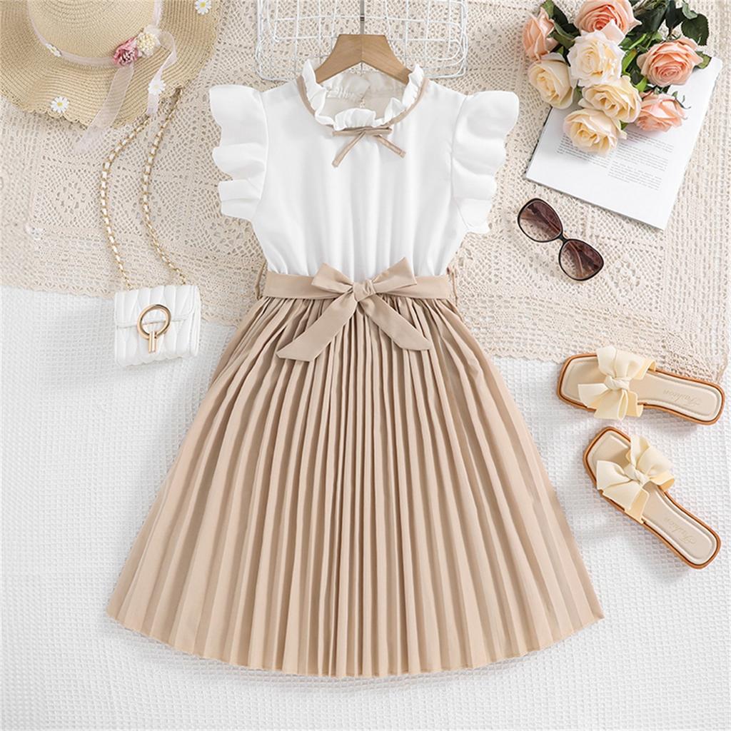 Summer Children's Dress Children's Dress Fancy Flying Sleeve Color Patchwork Pleated Girls Cute Fashion Princess Dress