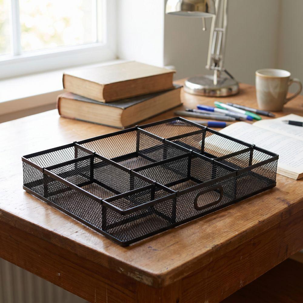Modern Metal Mesh Drawer Organizer Black Multi-Compartment Desk File Organizer Hollow Removable File Storage Rack Office