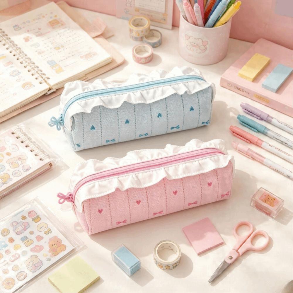 Lace Pencil Case Bow Stationery Organizer Makeup Bag Pen Bag Go To School