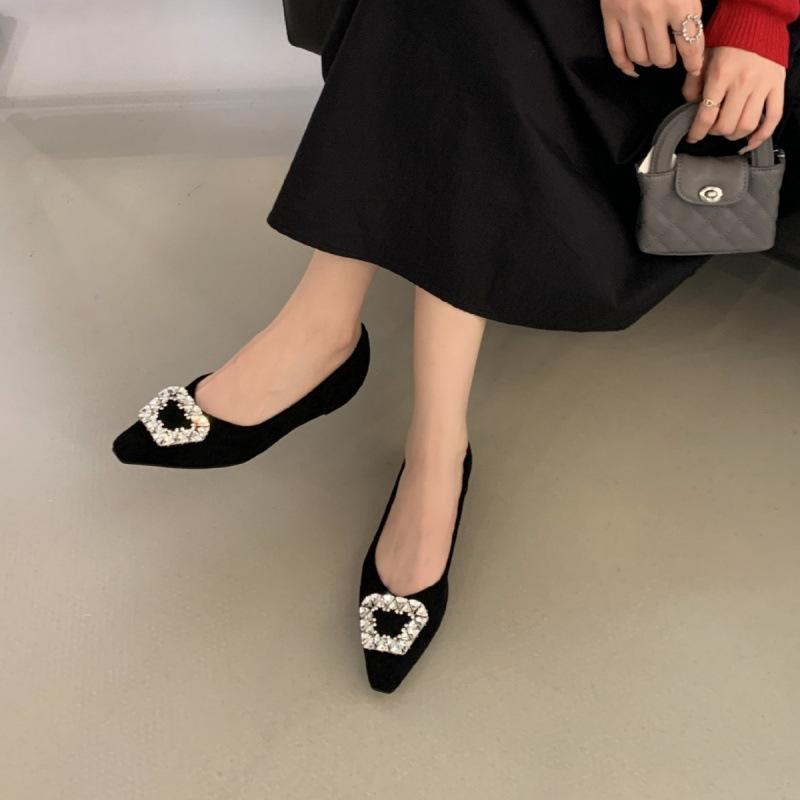 French inner heightening suede rhinestone single shoes women's shoes 2025 new autumn and winter temperament pointed evening commuter shoes