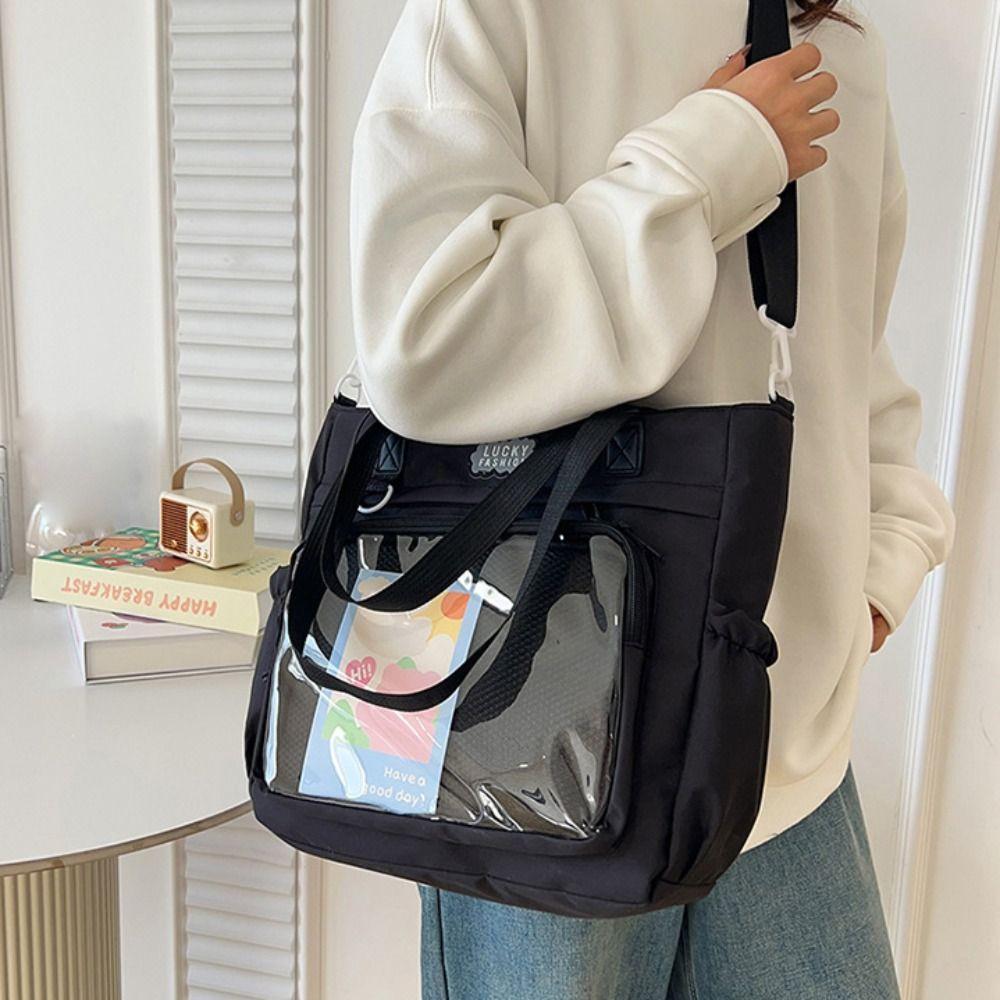 Zipper Transparent Pocket Handbag Large Capacity Canvas Shoulder Bag Portable Itabag  Men