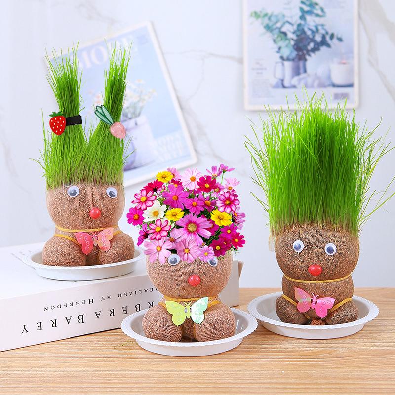 Room Decor Mini Grass Head Doll Small Potted Plant Watering Green Plants Beautiful Children Gifts Indoor Balcony Pot Planters
