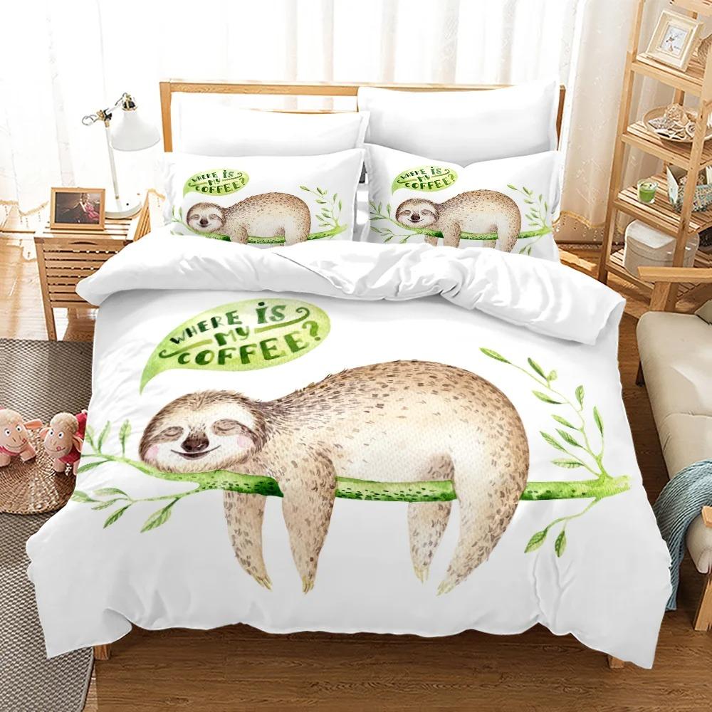 Faultier Bettbezug-Set Baumbewohnendes Säugetier Schläft auf Ast im Wald Faule Stimmung Entspannendes Thema Dekorative Polyester-Bettwäscheset
