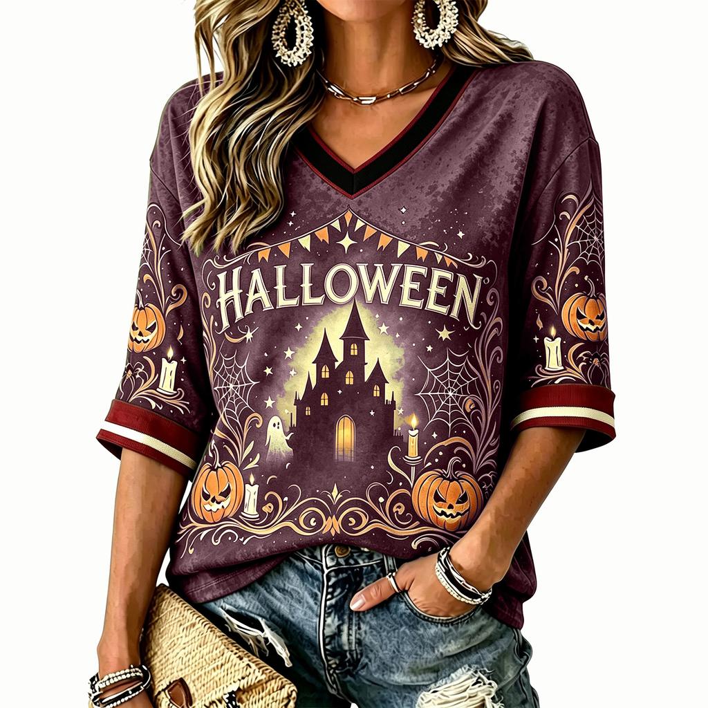 Women's Halloween Printed V-Neck Short Sleeve T-Shirt Casual Top