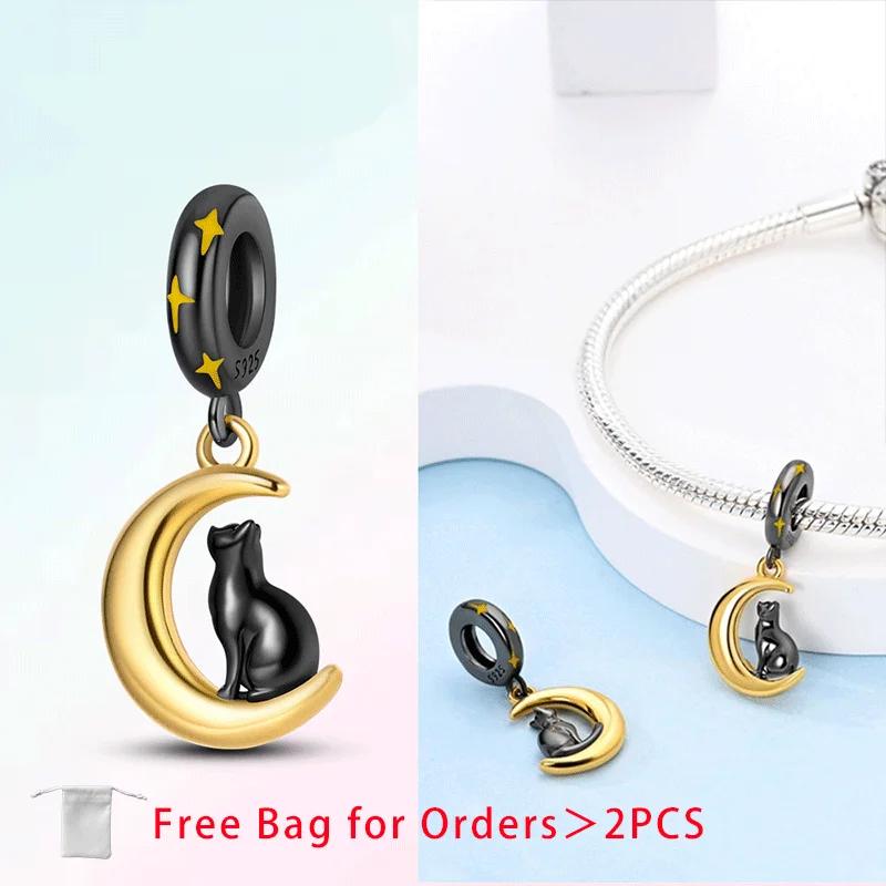 Original Copper Charms Pink Moon Cat Star Heart Love Zircon Beads Pendant Fit Diy Bracelet Necklace Women Jewelry Blue Gift