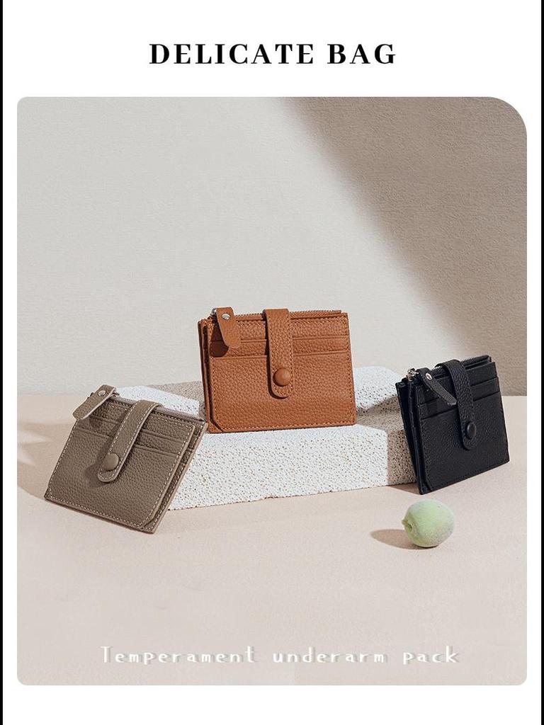 Genuine Leather Ultra-Thin Multi-Card Zipper Wallet - Minimalist Cowhide Card Holder