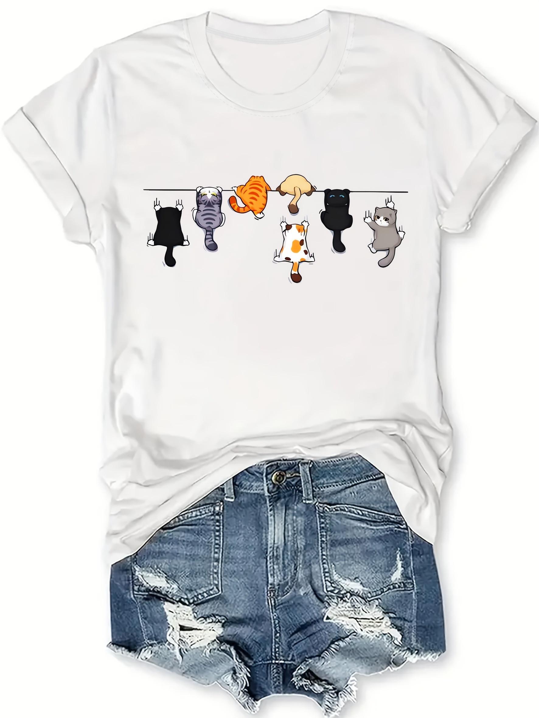 

Женская повседневная футболка с коротким рукавом и игривым мультяшным принтом кошки, круглый вырез, футболка с кошкой, необходимая вещь для создания образа, удобная посадка 4XL