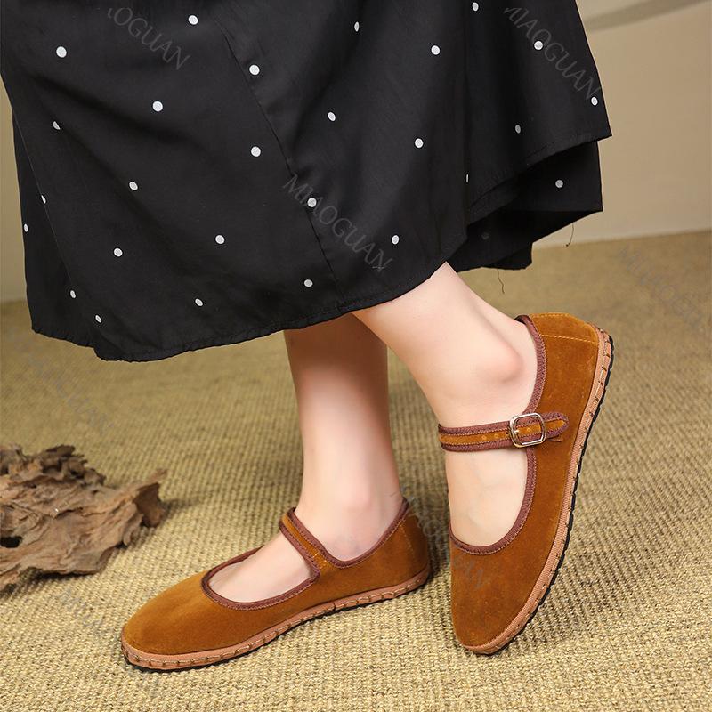Fashion Retro Flat Suede Shoes for Women Casual Spring Belt Buckle Strap Women's Flats Solid Round Toe Shallow Soft Bottom Ladies Shoes