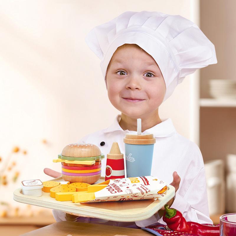 Wooden Children's Play House Simulation Burger Fries Wooden Sandwich Kitchen Parent-child Interactive Educational Toys