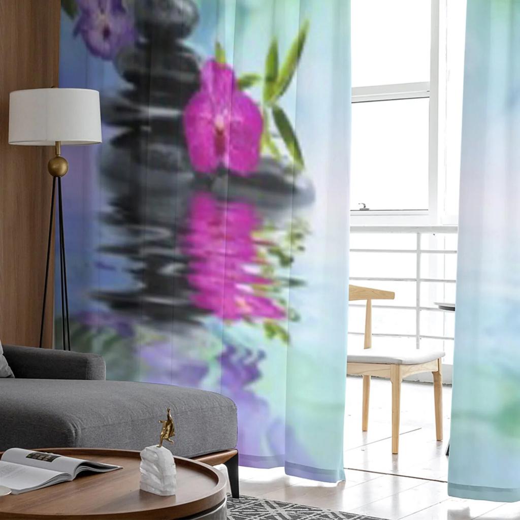 Violet Orchids Black Stones On The Water Sheer Curtains for Living Room Tulle Window Curtain Bedroom Kitchen Veil Drapes