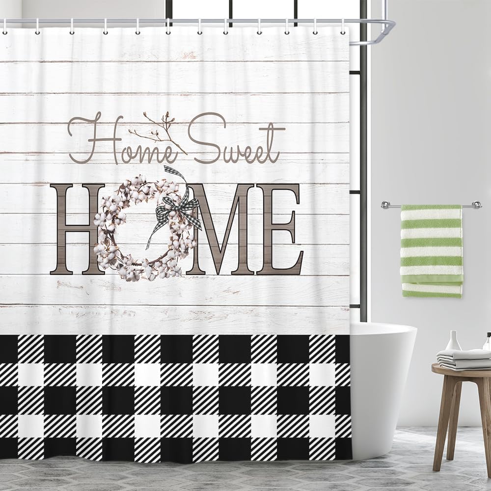 MERCHR Buffalo Check Plaid Shower Curtain 72 x 72 Inch, Farmhouse Wooden Board Shower Curtain, Rustic Flower Home Sweet Home Bath Curtain Polyester