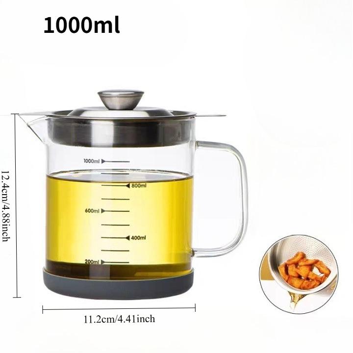 Glass Oil Filter Pot Container with Strainer, Cooking Oil Storage Can with Fine Mesh Filter and Scale, Lid  Kitchen oilcan