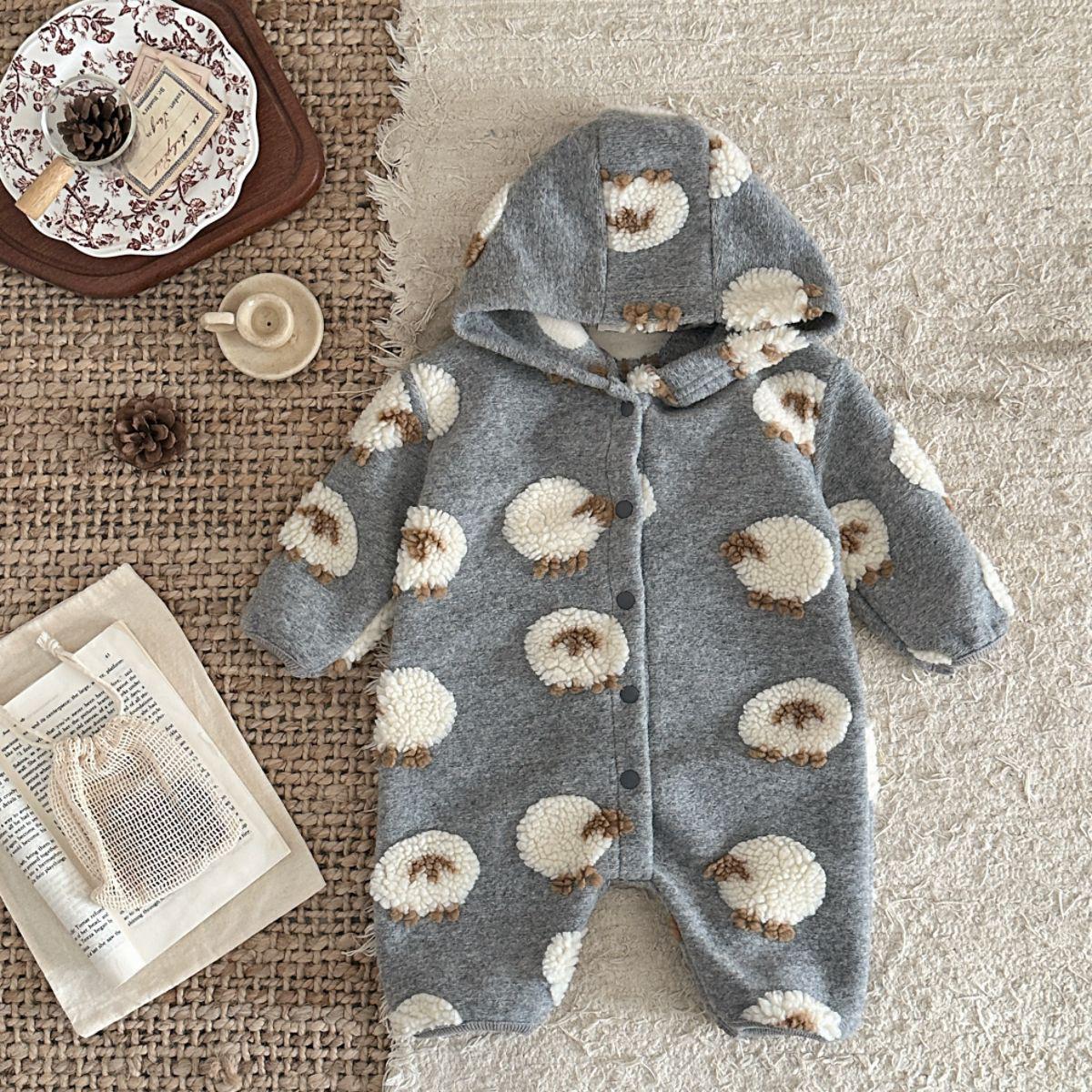 

2025 Grey Little Sheep Baby & Toddler Plush Hooded Jumpsuit - Autumn/Winter Romper 9-12 Months сірий