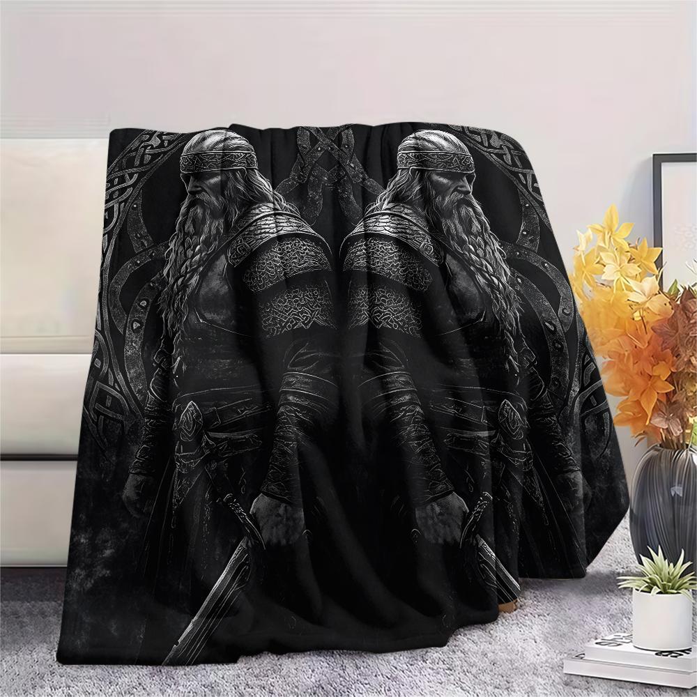 Viking Warrior Pattern Flannel Blanket, High Quality Comfortable for All Seasons, Home Decor, Warmth and Comfort, Perfect for Gifts.