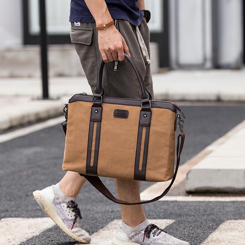 Men's Classic Canvas Business Briefcase: Horizontal Shoulder Bag with Cowhide Accents for Laptop and Daily Use