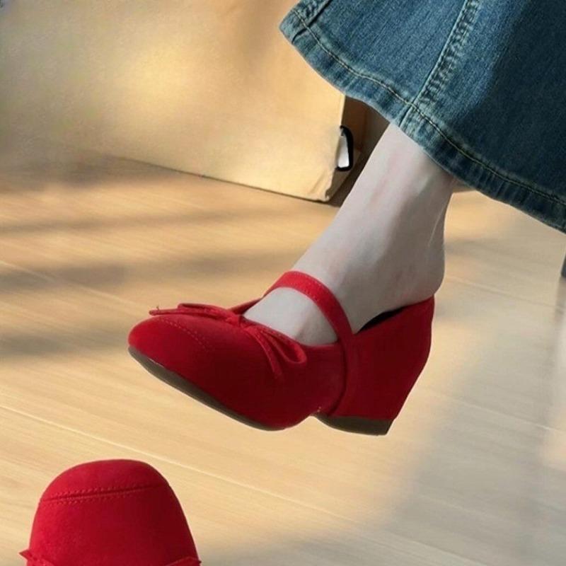 Bow Soft Sole Single Shoes Women's Autumn New Round Toe Suede Slip Strap Anti-slip Inside Heightening Flats