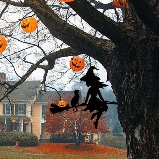 Metal Witch And Cat Silhouette Stake Halloween Insert On The Branch Yard Art Decor Black Tree Stump Sign for Outdoor Patio Lawn Courtyard Garden Decor