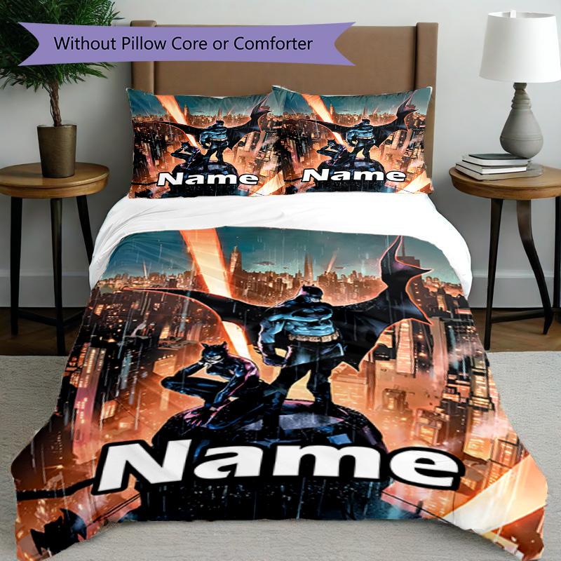 3pcs Duvet Cover Set (1*Duvet Cover + 2*Pillowcase, Without Core), Custom Name Batman Pattern Bedding Set, Home Bedroom Decor Gift