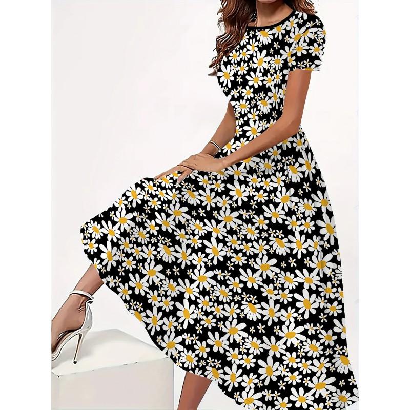 Womens Loose Fit Cotton Print Short Sleeve Round Neck Midi Dress Casual Wear