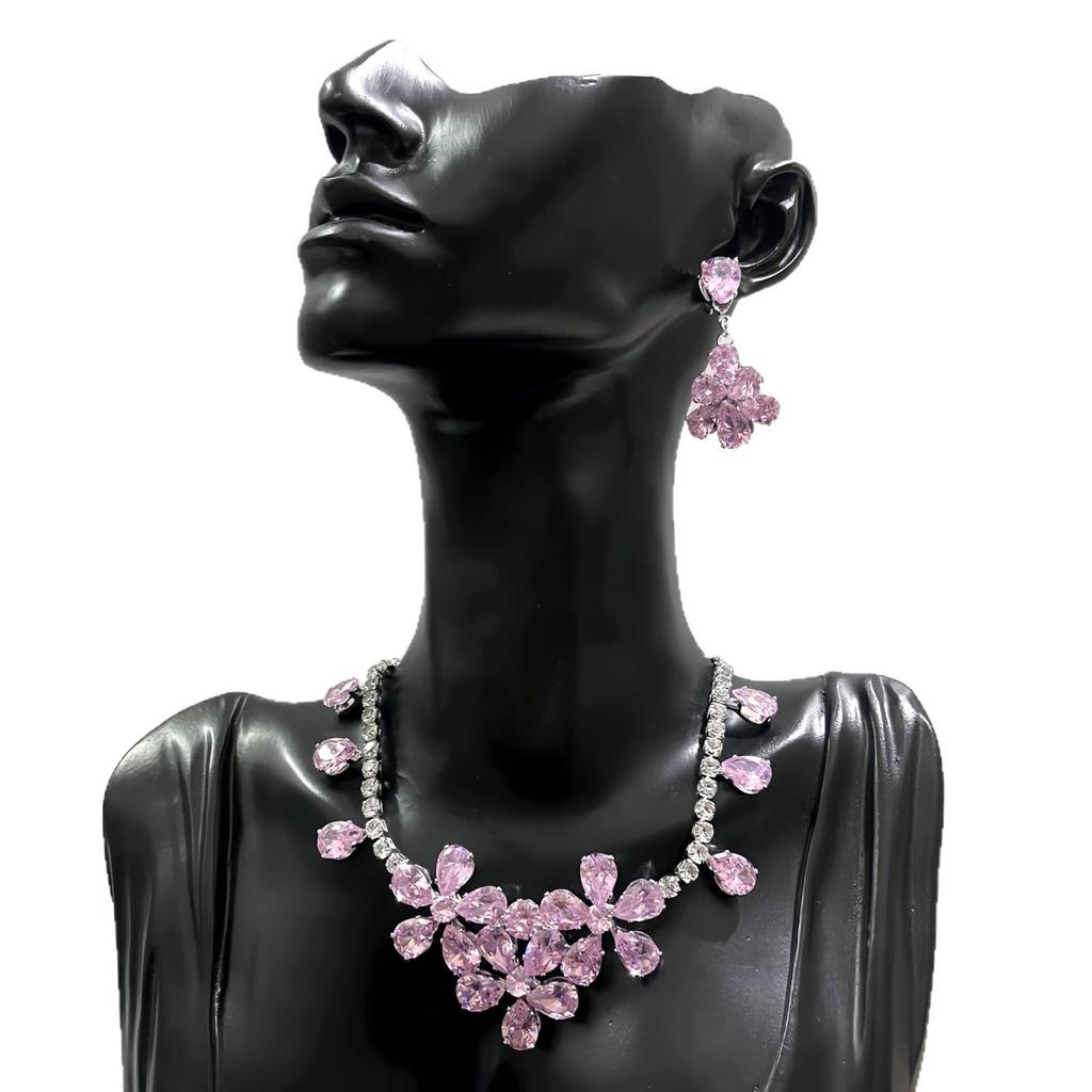 Zircon Flower Stud Earrings Necklace Two-Piece Set Light Luxury High-End Temperament Collarbone Chain Jewelry Women