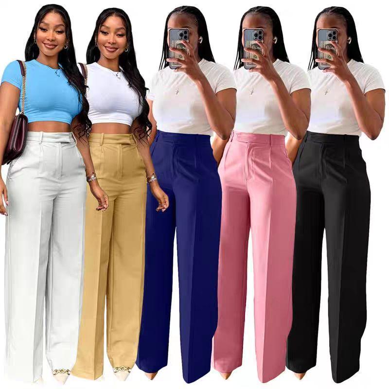 Solid Color Casual Pants New European and American Women clothes Fashion Solid High Waist Straight Casual Trousers