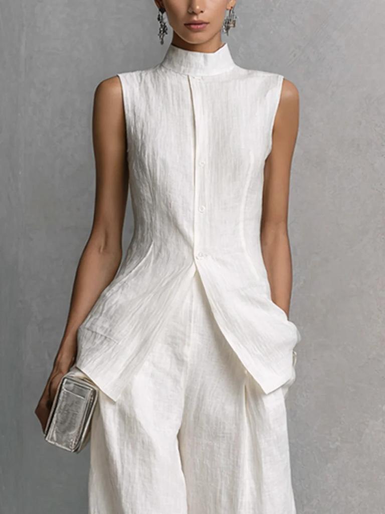 2026 European and American drape cotton and linen shirt solid color fashion temperament sleeveless trousers suit