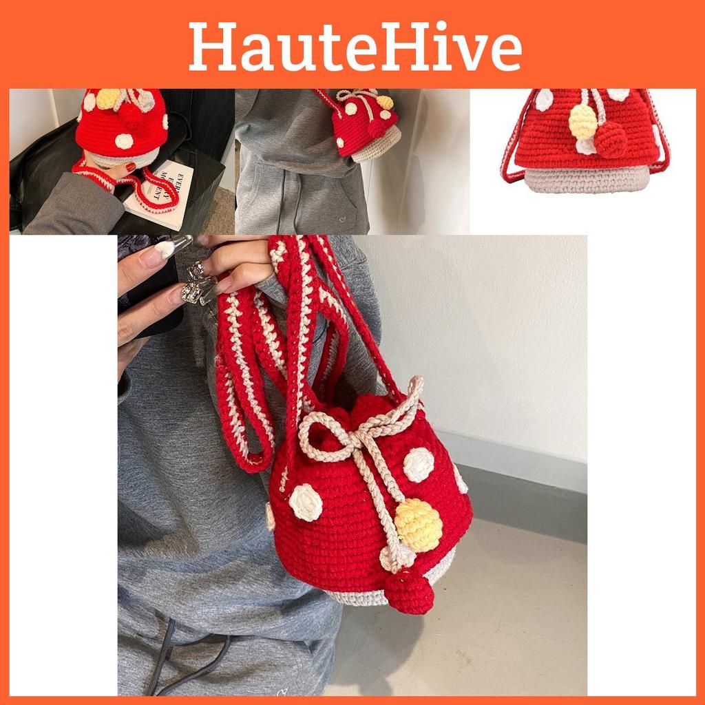 Pattern Delightful Mushroom Knitted Drawstring Bag For Children Unisex And Design Playful