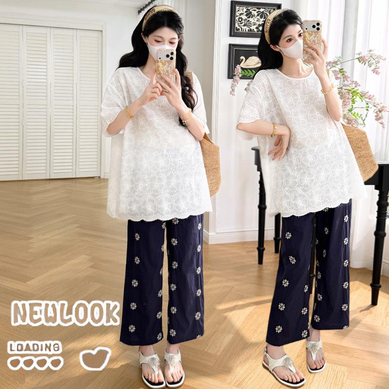 

2026 Cotton Linen Embroidered Loose T-shirt & Nine-Point Pants Set XL