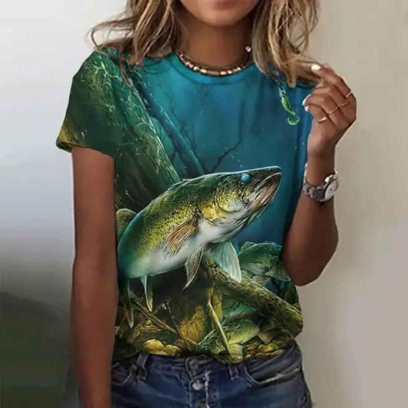 Women's Summer Fashion Casual Loose Plus Size Pattern Fish Print Round Neck Short Sleeved 3D T-shirt Top 6XL
