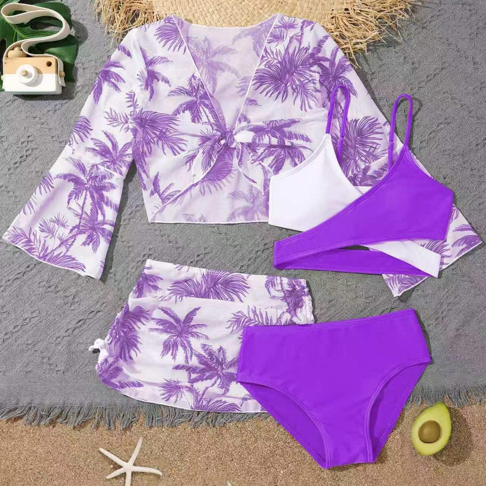 Miss Beauty26 Meisjes Tweedelig Zwempak Set met Hoge Taille Broekje en Lange Mouwen Cover-up Top Drie Delige Zwemkleding Set voor Kinderen 130 paars