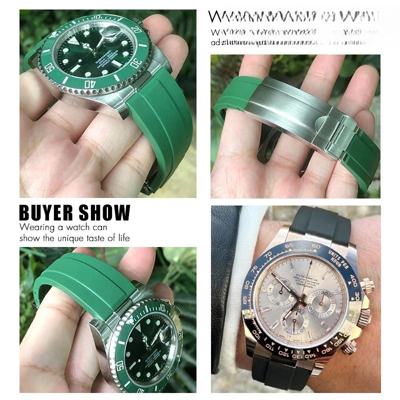20mm 21mm Cinturino in Gomma con Maglie Metalliche e Attacco Curvo per Rolex Submariner DAYTONA Yacht-Master GMT Braccialetti in Silicone