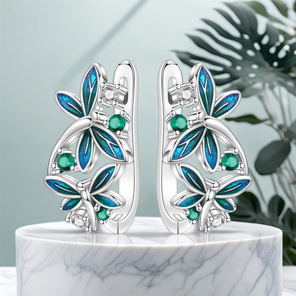 S925 Sterling Silver Blue Green Dragonfly Earrings Hoop Earrings Women Jewelry Original Trendy Anniversary Gifts
