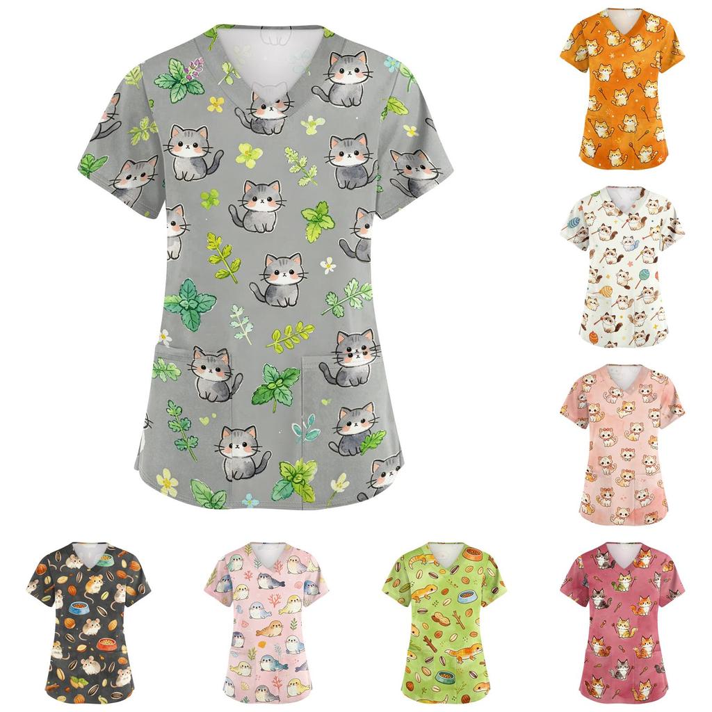 Women V Neck Short Sleeve Work Top with Pockets Animal Print Medical Scrub Shirt Comfortable Fit Durable Fabric Suitable for Healthcare Professionals