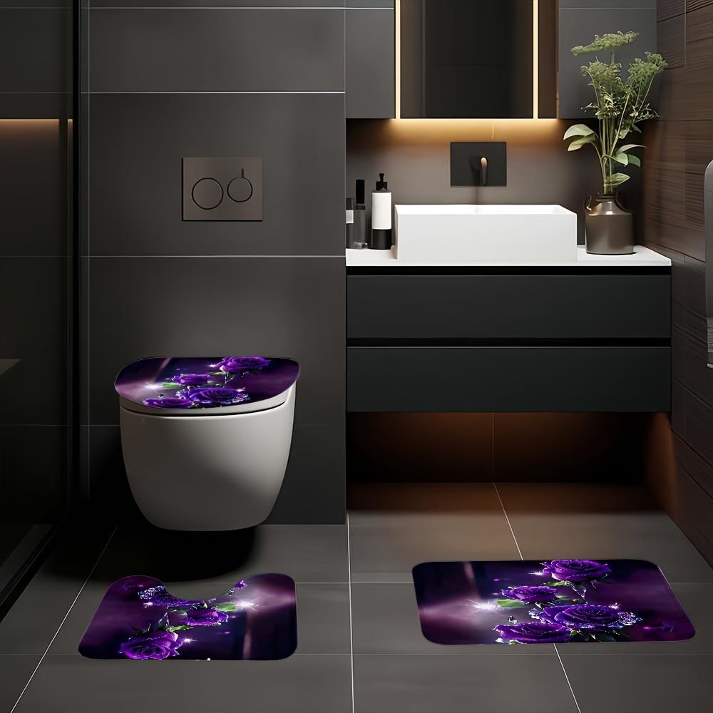 4Pcs Bathroom Shower Curtain Set Purple Rose Bathroom Curtain With 12 Hooks Non Slip Rugs Toilet Cover Mat Bathroom Partition
