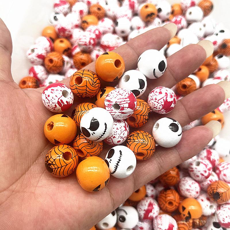 10 Stück/Los 16mm Halloween Naturholzperlen Runde Lose Kugel Abstandshalterperlen Für Schmuckherstellung DIY Feiertagsdekorationszubehör