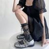 Japanischer Stil Schimmerndes Netz Spleißende Gerippte Über die Wade Socken für Damen Mädchen Niedliche Schleife Schleifenknoten Lange Strümpfe