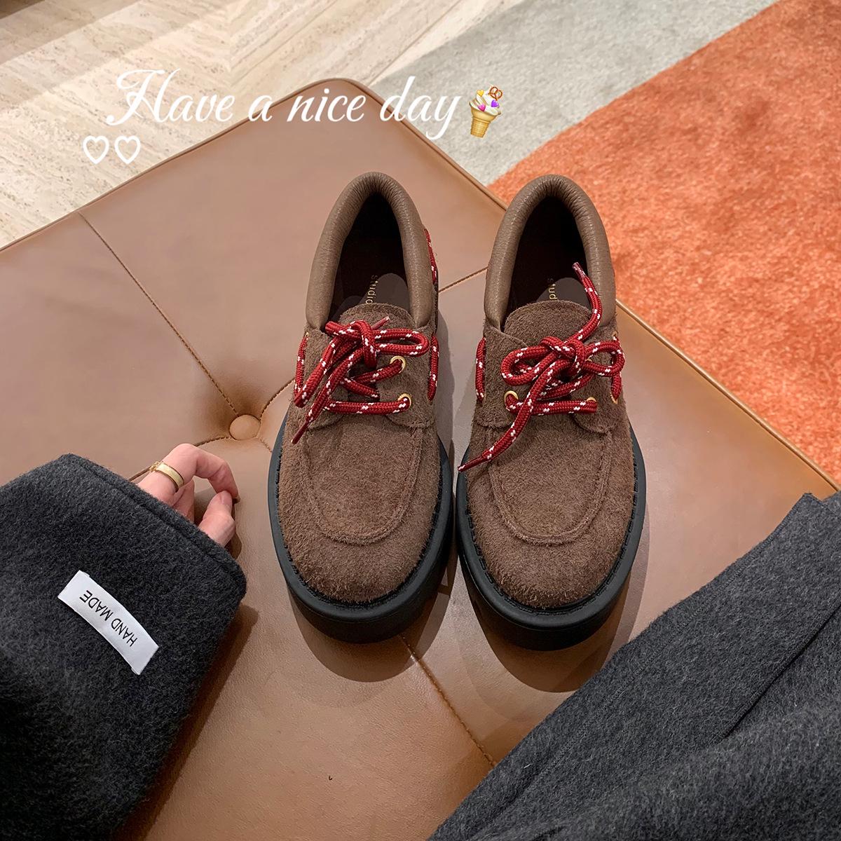 

Cowhide Retro Lace-Up British Style Platform Loafers for Women