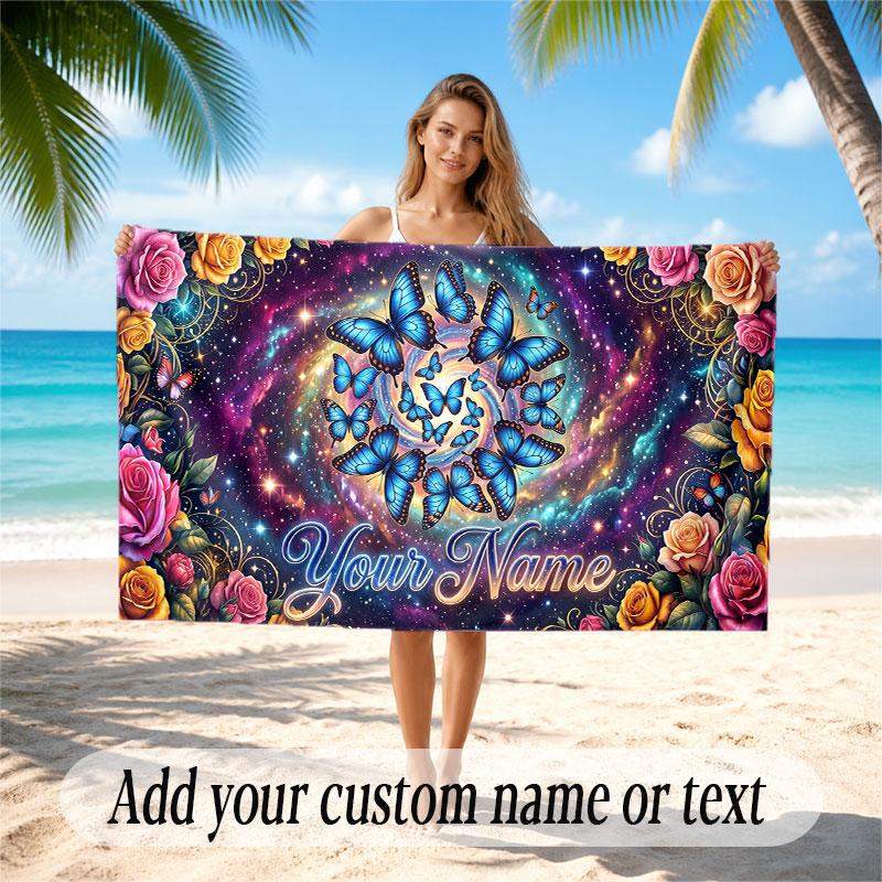 Butterfly Theme Soft Beach Towel Personalized Custom Name Text Towel Portable for Beach Pool Travel