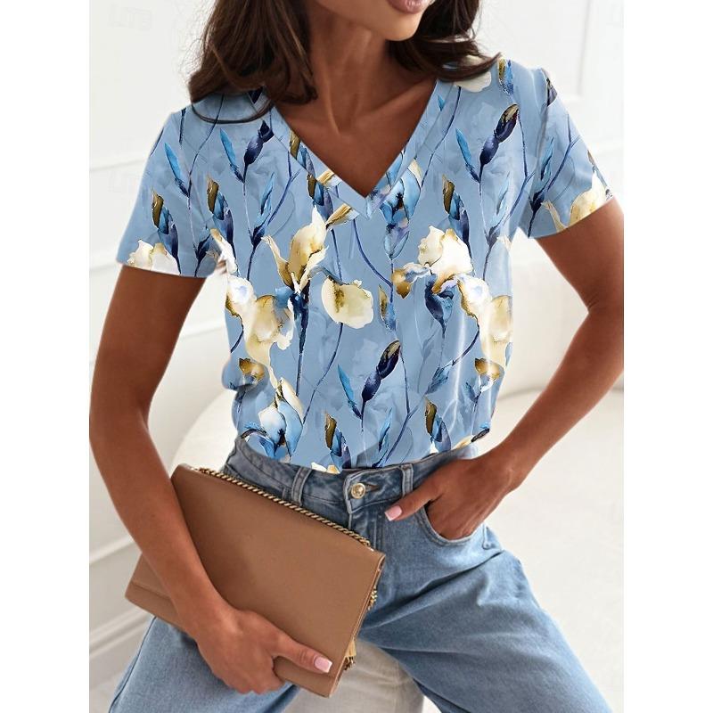 Women's Trendy T-Shirt Flowers Graphics Fashion Short Sleeved V-Neck Regular Tops Daily Print Tee Summer Y2K Casual Tops