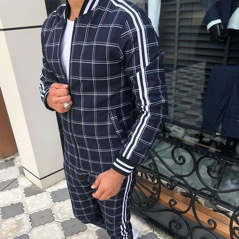 Autumn Men's Casual Plaid Sport Suit: Zip-Up Jacket & Long Pants Two-Piece Set